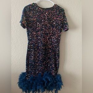 Brand new blue sequin mini dress with feathers, handmade. Size 6 or 8.